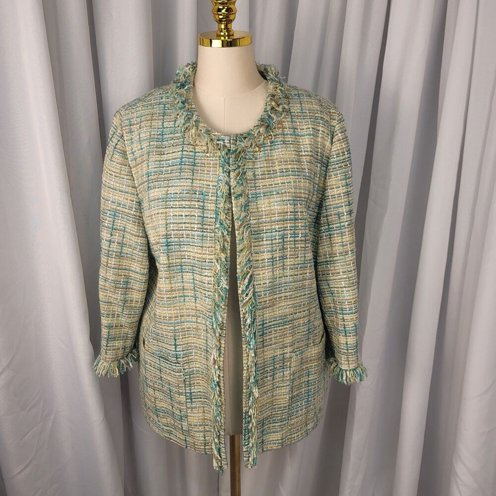 Samantha Grey Tweed Raw Fringe Open Front Jacket Blazer Gold Metallic Sequins 18